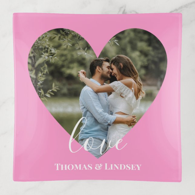 Custom Photo Pink Heart Frame Modern Calligraphy Trinket Tray (Front)