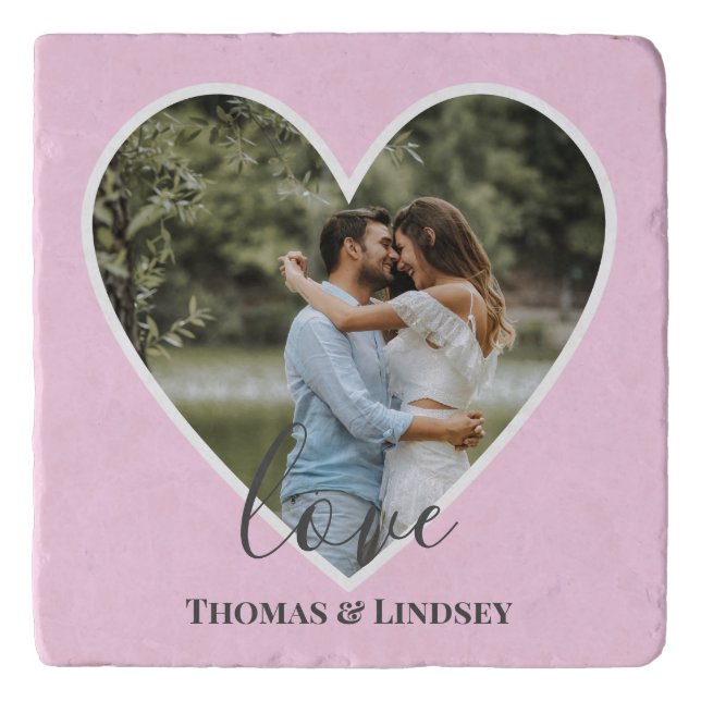 Custom Photo Pink Heart Frame Modern Calligraphy Trivet (Front)