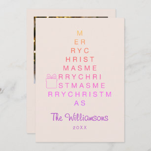 Custom Photo Pink Merry Christmas Typography Tree Holiday Card