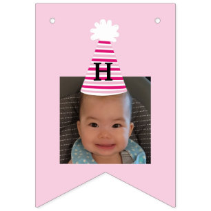 Custom Photo Pink Party Hat Girls Birthday Bunting Flags