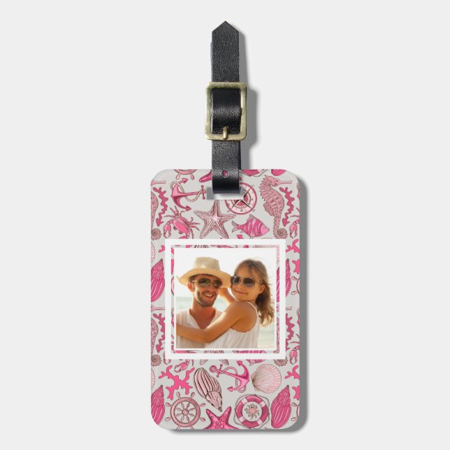 Custom Photo Pink Sea Pattern Luggage Tag (Front Vertical)