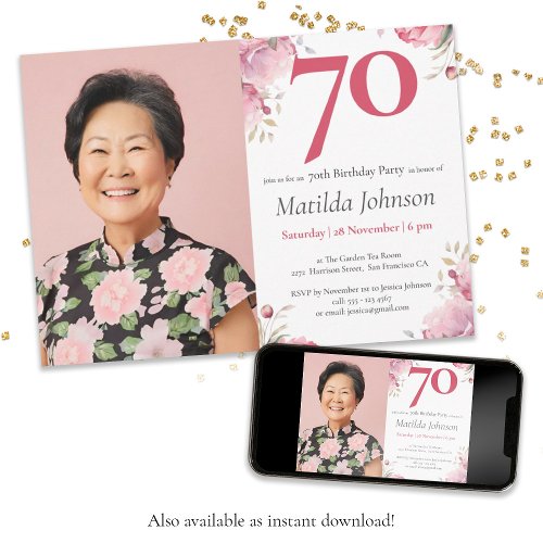Custom Photo Pink Watercolor Floral 70th Birthday  Invitation