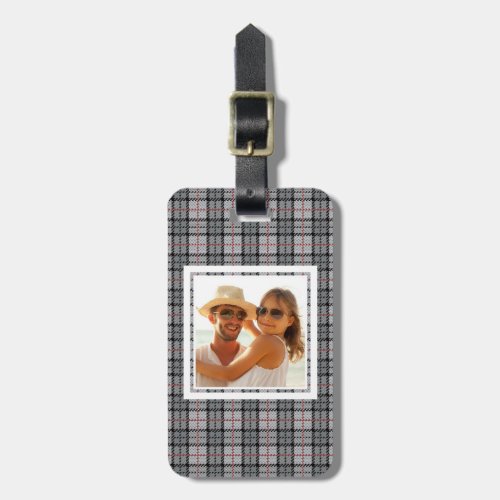 Custom Photo Pixel Plaid in Grey with Red Stripe Luggage Tag