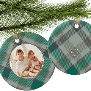 Custom Photo Plaid Green Elegant Christmas Holiday Ceramic Ornament