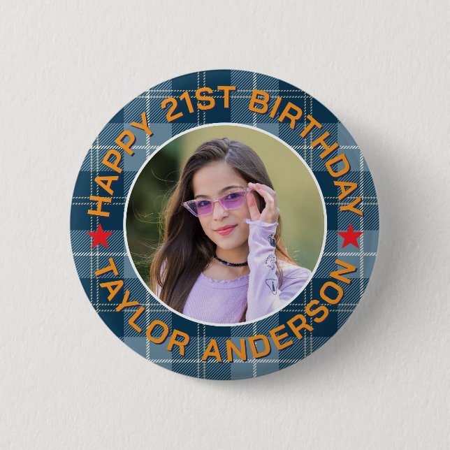 Custom Photo Plaid Pattern Retro Happy Birthday Button (Front)