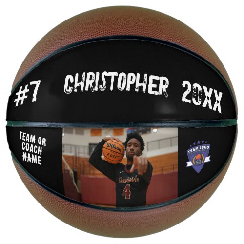 Custom photo player name number team logo black basketball