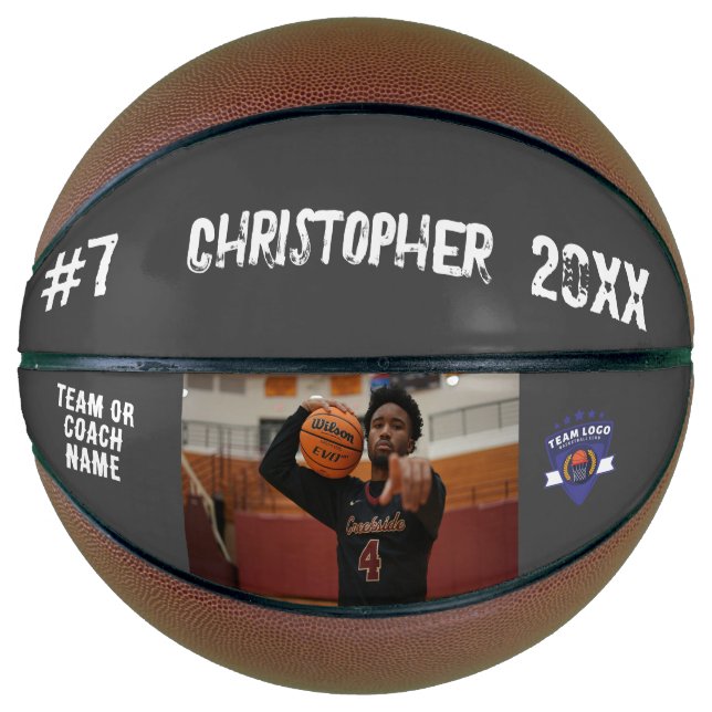 Custom photo player name number team logo grey basketball (Front)