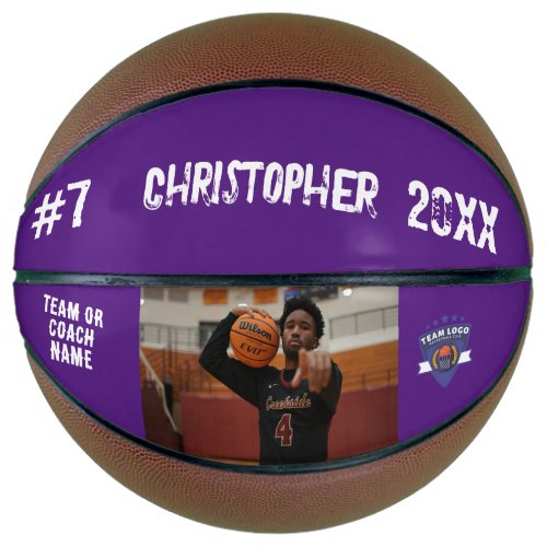 Custom photo player name number team logo purple basketball
