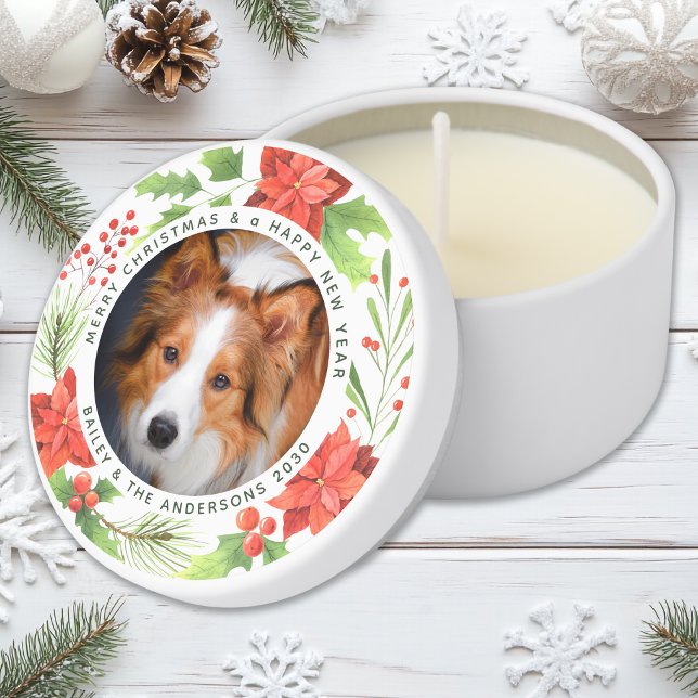 Custom Photo Poinsettia Wreath Greenery Christmas Mini Candle Favors (Creator Uploaded)