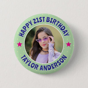 Custom Photo Polka Dot Pattern Happy Birthday Button