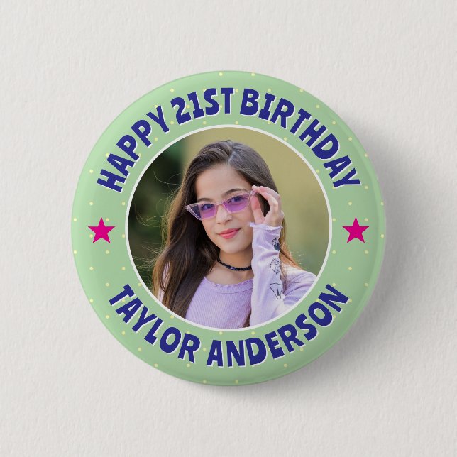 Custom Photo Polka Dot Pattern Happy Birthday Button (Front)