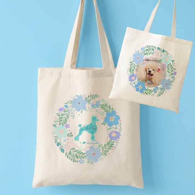 Custom Photo Poodle Tote – Pastel Blue Floral (Creator Uploaded)