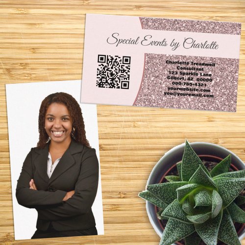 Custom Photo Professional Pink Glitter QR Code Business Card