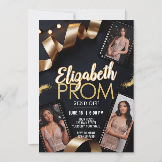 Custom Photo Prom Send Off Gold Ribbon Film Roll Invitation (Front)