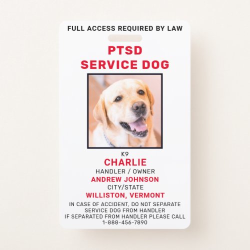 Custom Photo PTSD Service Dog ID Badge