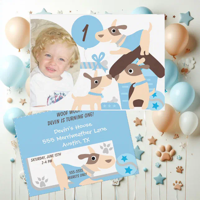 Custom Photo Puppy Dog Blue Birthday Invitation | Zazzle
