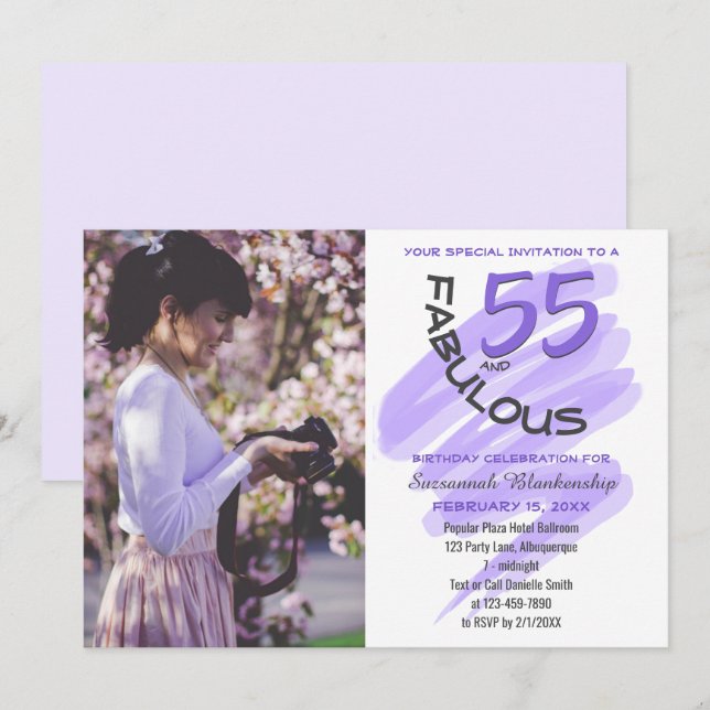 Custom Photo Purple 55 and Fabulous Party Invitation (Front/Back)