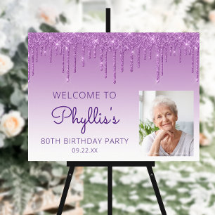 Custom Photo Purple 80th Birthday Welcome Foam Board