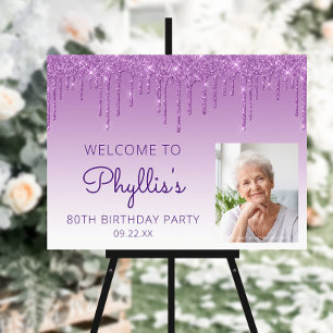 Custom Photo Purple 80th Birthday Welcome Foam Board