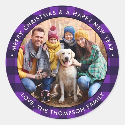 Custom Photo Purple Buffalo Plaid Merry Christmas Classic Round Sticker