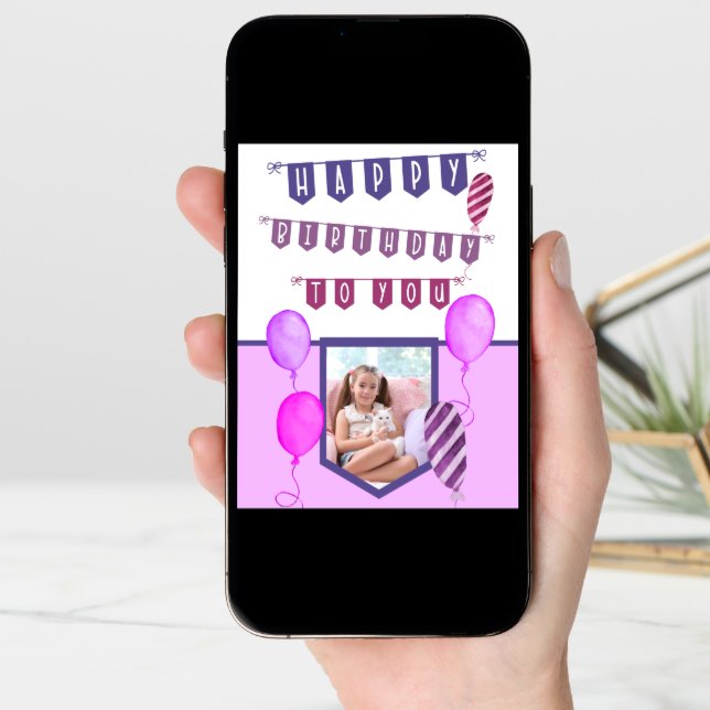 Custom Photo Purple Bunting and Balloons Birthday Card (Front Digital)