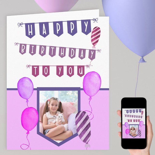 Custom Photo Purple Bunting and Balloons Birthday Card (Creator Uploaded)