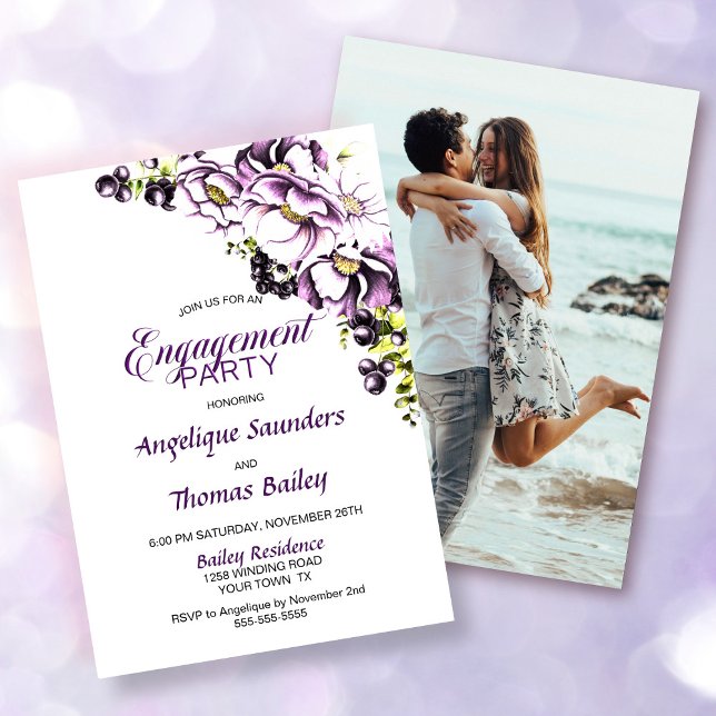 Custom Photo Purple Floral Engagement Party Invitation (Creator Uploaded)