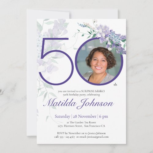 Custom Photo Purple Floral Surprise 50th Birthday Invitation