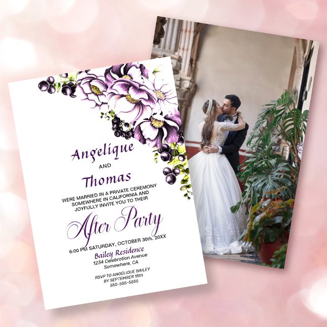 Custom Photo Purple Floral Wedding Reception Invitation (Creator Uploaded)