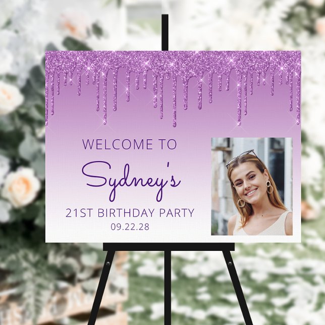 Custom Photo Purple Glitter 21st Birthday Welcome Foam Board (Creator Uploaded)