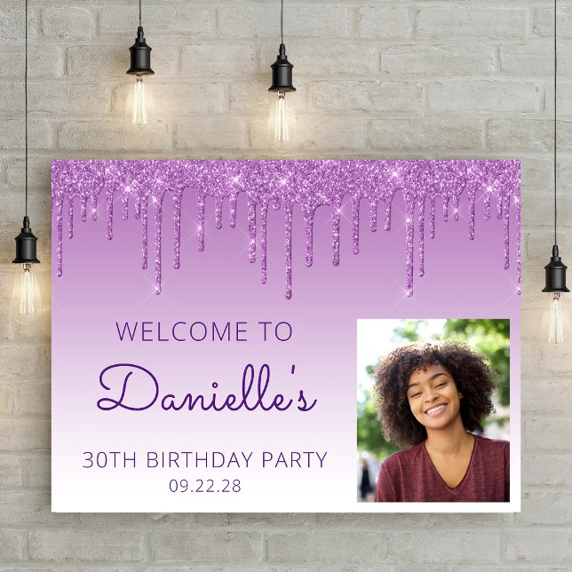 Custom Photo Purple Glitter 30th Birthday Welcome Poster (Creator Uploaded)