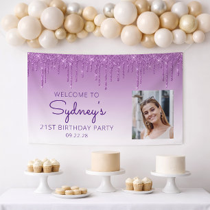 Custom Photo Purple Glitter Drip 21st Birthday Banner