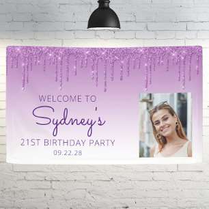 Custom Photo Purple Glitter Drip 21st Birthday Banner