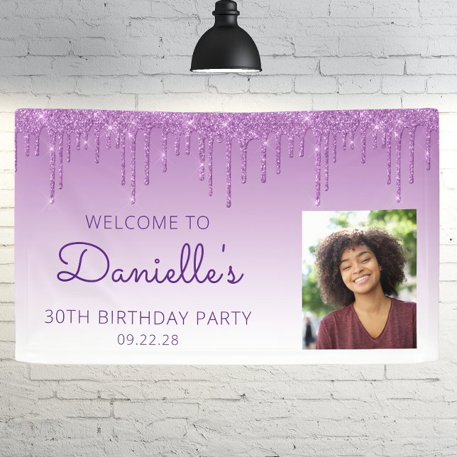 Custom Photo Purple Glitter Drip 30th Birthday Banner (Creator Uploaded)