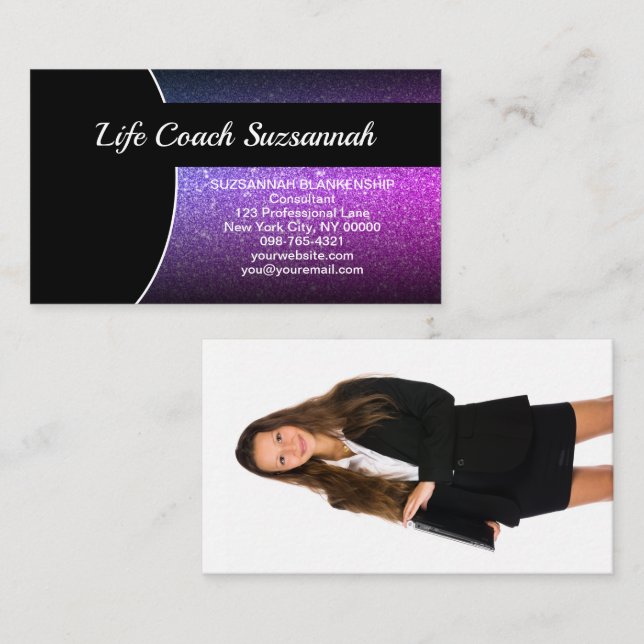 Custom Photo Purple Ombre Glitter Professional Business Card (Front/Back)