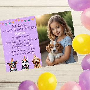 Custom Photo Purple Puppy Dog Birthday Paw-ty Invitation