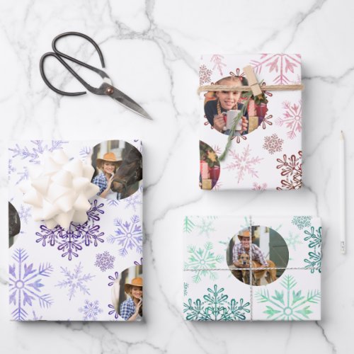 Custom Photo Purple Red Green Snowflakes Set of 3 Wrapping Paper Sheets