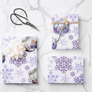 Custom Photo Purple Snowflakes Set of 3 Wrapping Paper Sheets