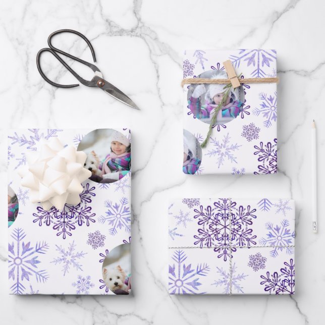 Custom Photo Purple Snowflakes Set of 3 Wrapping Paper Sheets (Front)