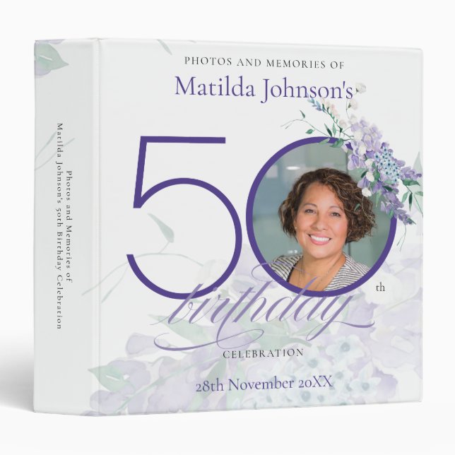 Custom Photo Purple Wisteria Floral 50th Birthday  3 Ring Binder (Front/Spine)