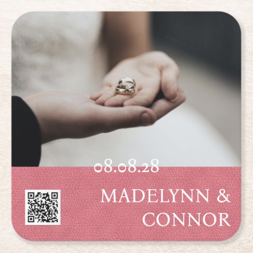 Custom Photo QR Code Pink Leather Save the Date Square Paper Coaster