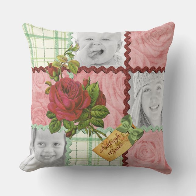 Custom Photo Quilt Block Red Pink Rose Green Plaid Throw Pillow (Front)