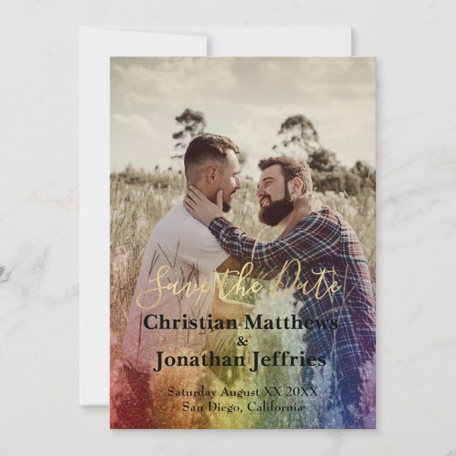 Custom Photo Rainbow Gradient Gay Wedding Save The Date (Front)