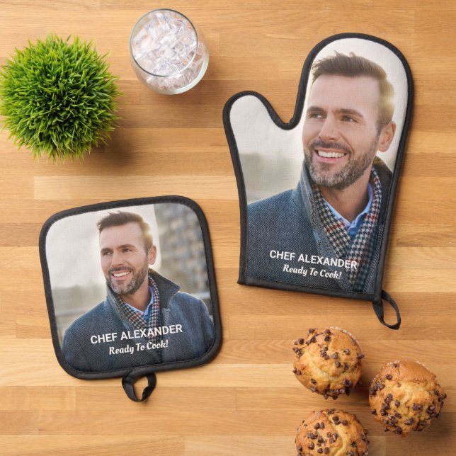 Custom Photo Ready To Cook Personalize Oven Mitt & Pot Holder Set (Top Down)