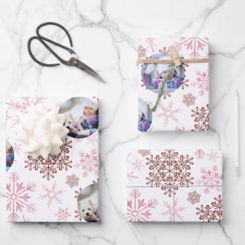 Custom Photo Red and Pink Snowflakes Set of 3 Wrapping Paper Sheets