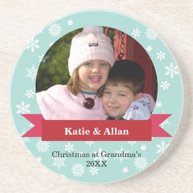 Custom photo red banner snow flakes Christmas Drink Coaster (Front)