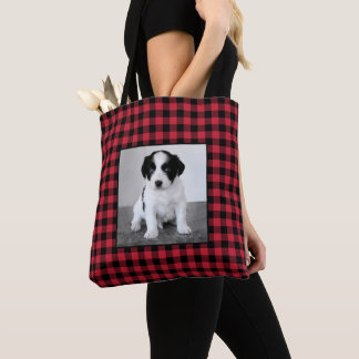 Custom Photo Red Black Buffalo Check Pattern Tote Bag