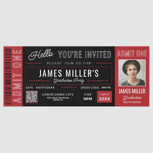Custom Photo Red Black Graduation Invite Tickets