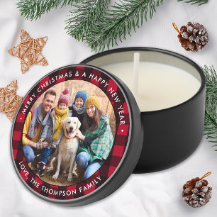 Custom Photo Red Buffalo Plaid Family Christmas Mini Candle Favors