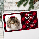 Custom Photo Red Buffalo Plaid Happy PAWlidays Label<br><div class="desc">Add the finishing touch to your envelopes, mailings and stationary with these happy PAWlidays red buffalo plaid custom photo return address labels. Customize these holiday address labels with your favorite photo, cat photo, dog photo, family photo or pet photo, name, and address. These simple photo return address labels are elegant...</div>